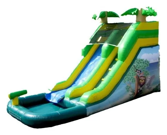 Safari Slide: a green and yellow inflatable water slide with palm trees on top, jungle animals on the side and a splash pool at the bottom