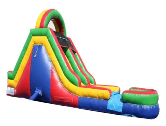 The Waterslide: a tall inflatable slide in red, yellow, green and blue with an arch on top and a splash pool at the bottom