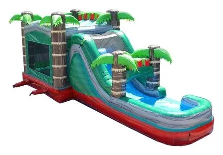 Tropical Slide & Bounce House: a green and red marble bounce house with palm tree pillars, a netted jumping area and a slide into a splash pool